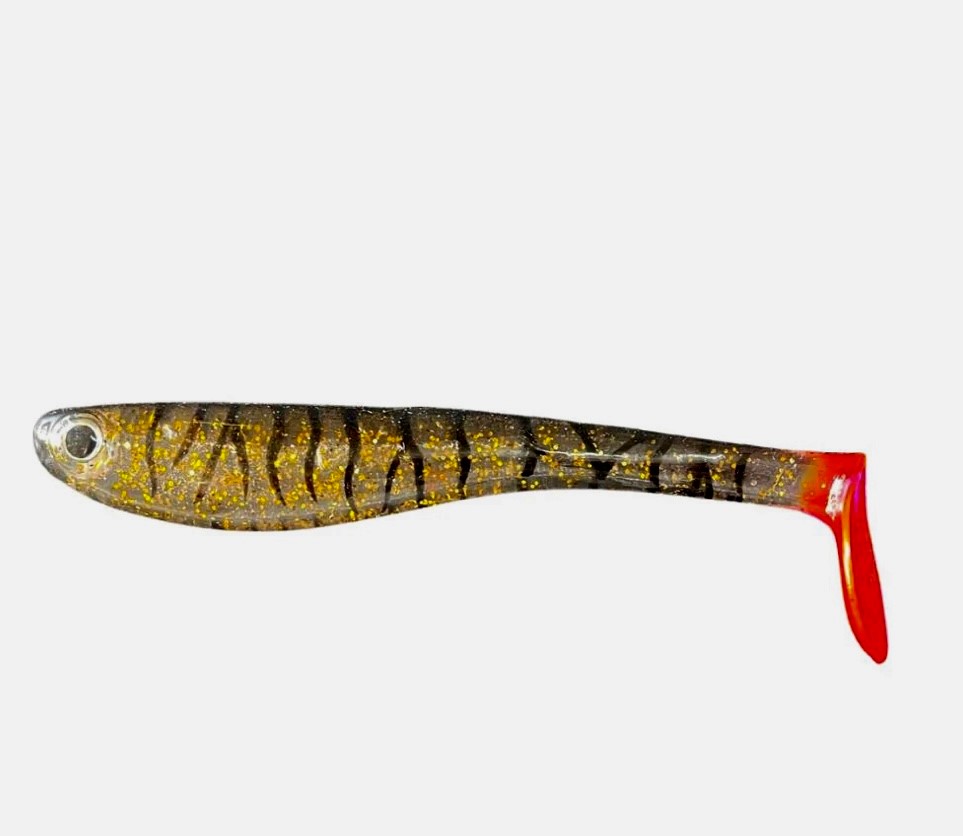 11 INCH HOLLOW SHAD BLACK AND GOLD RED TAIL