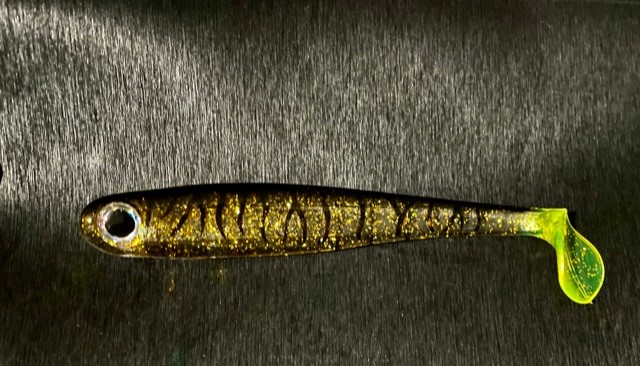 5 INCH HOLLOW SHAD BLACK AND GOLD HOT DIPPED CHARTUESE TAIL
